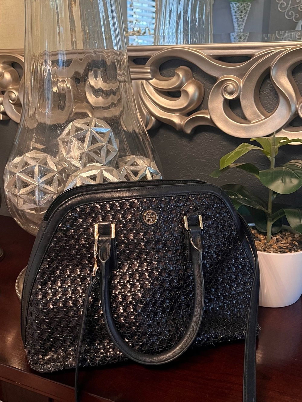 TORY BURCH Robinson Dome Basket Weave Satchel Crossbody, Black